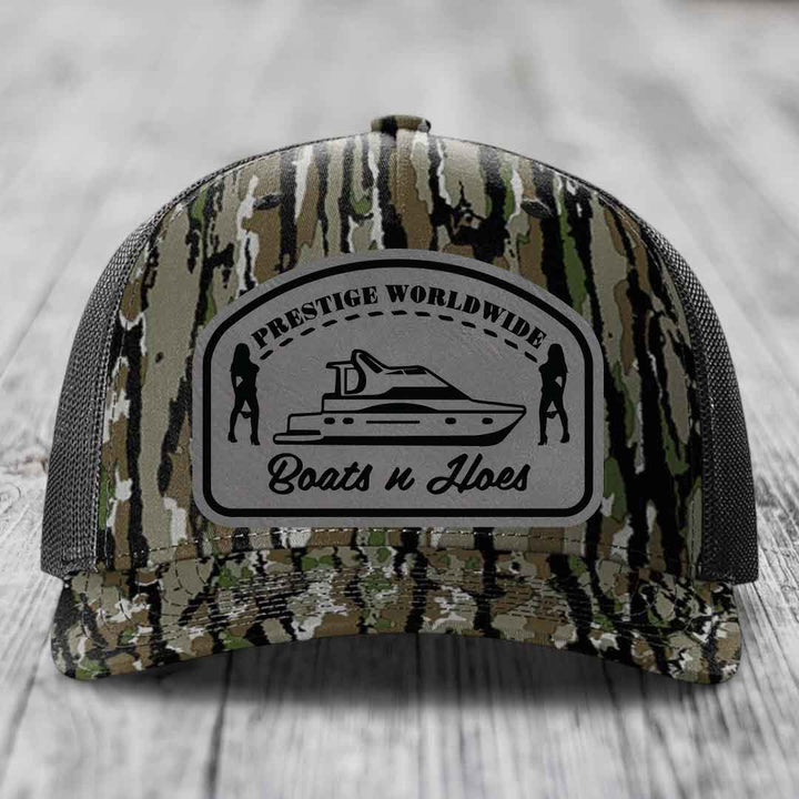 Prestige Worldwide, Boats and Hoes - Leather Patch Hat - Grey to Black Patch - Richardson 112PFP Snapback Trucker Hat