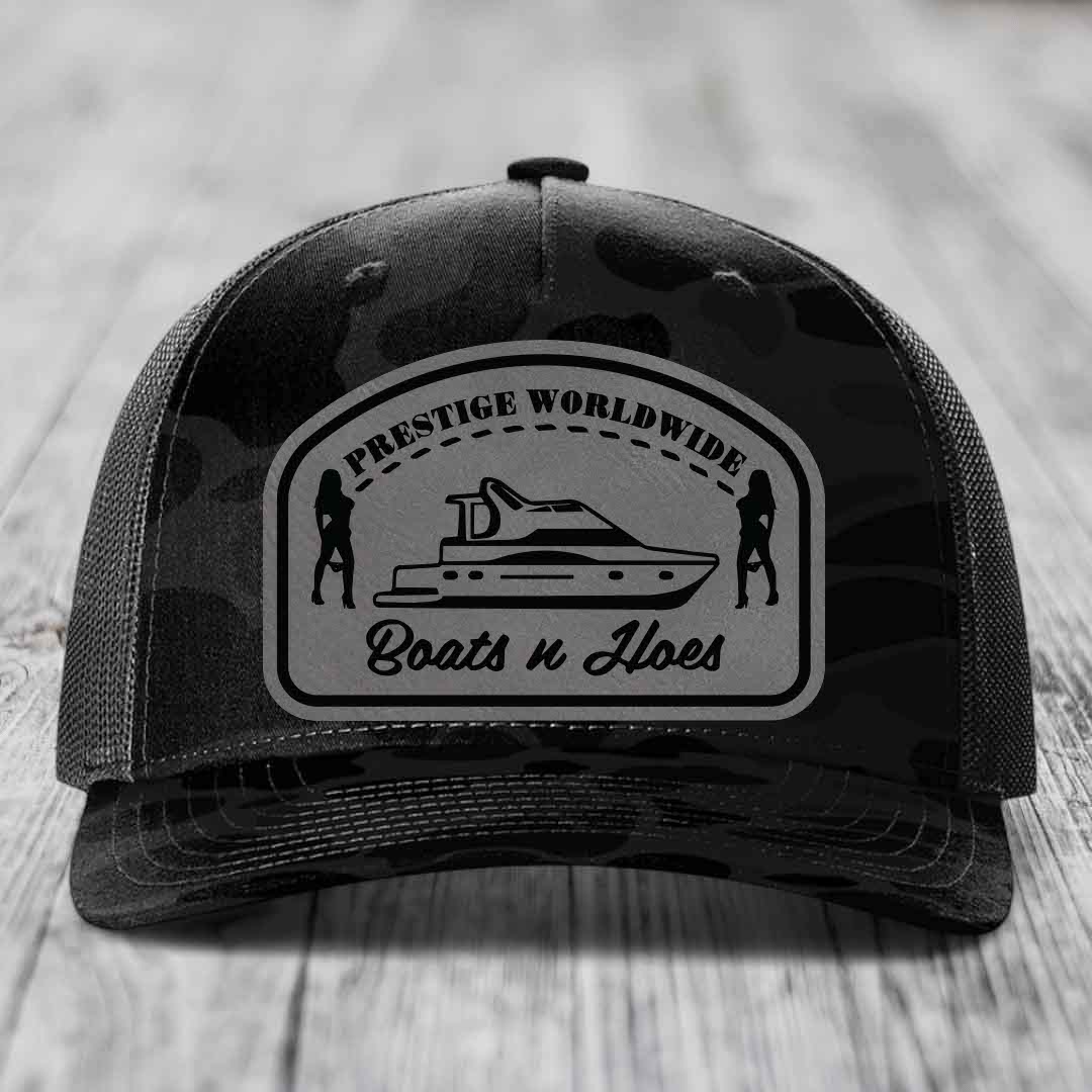 Prestige Worldwide, Boats and Hoes - Leather Patch Hat - Grey to Black Patch - Richardson 112PFP Snapback Trucker Hat