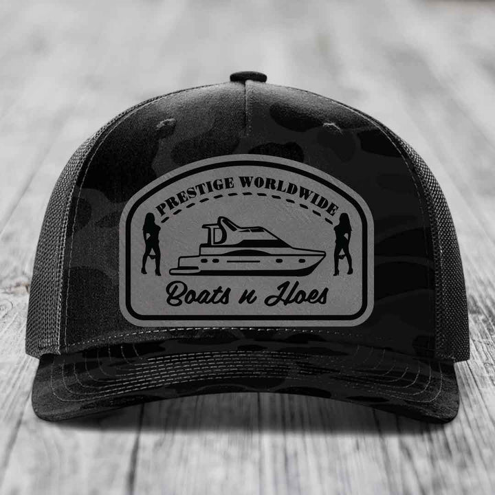 Prestige Worldwide, Boats and Hoes - Leather Patch Hat - Grey to Black Patch - Richardson 112PFP Snapback Trucker Hat