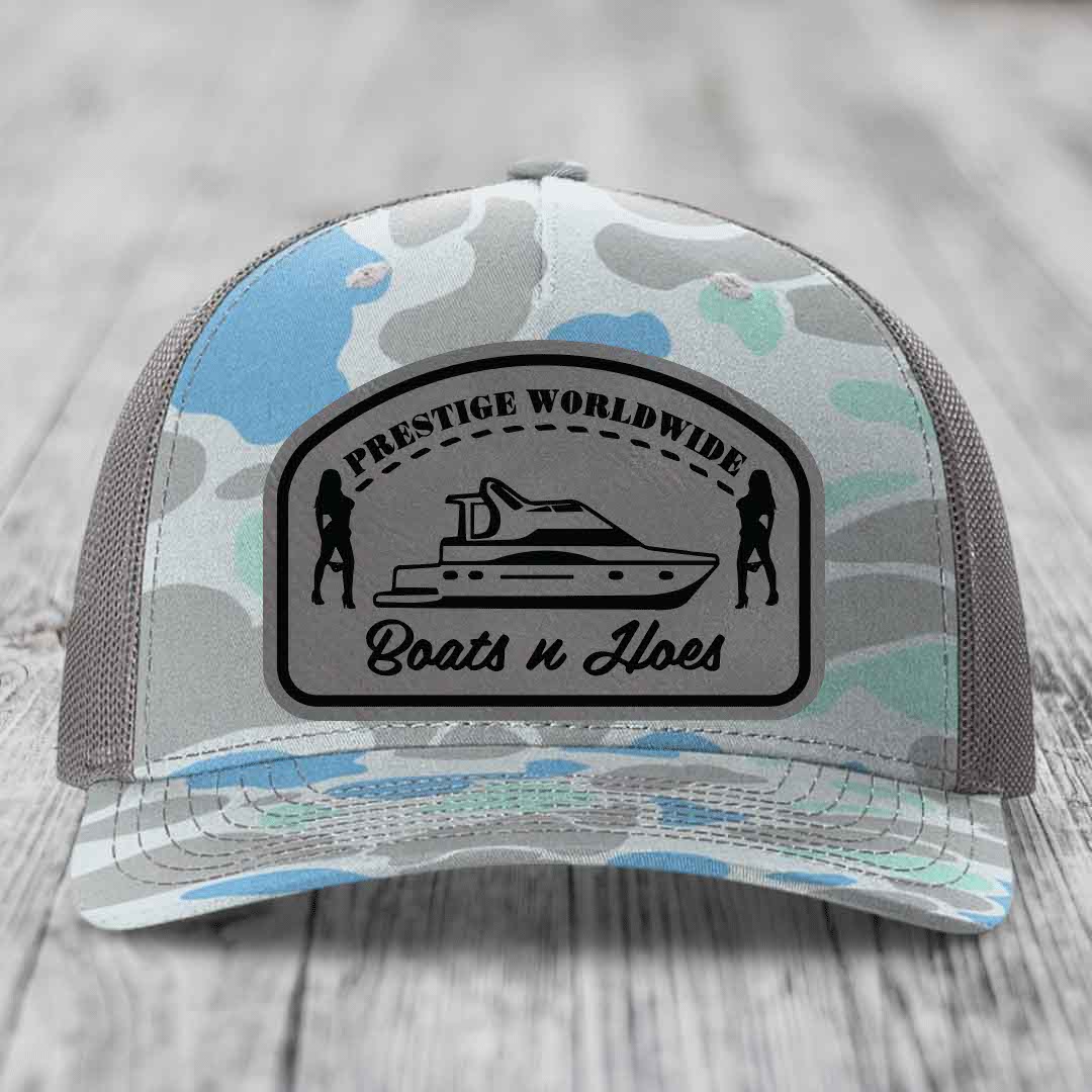 Prestige Worldwide, Boats and Hoes - Leather Patch Hat - Grey to Black Patch - Richardson 112PFP Snapback Trucker Hat