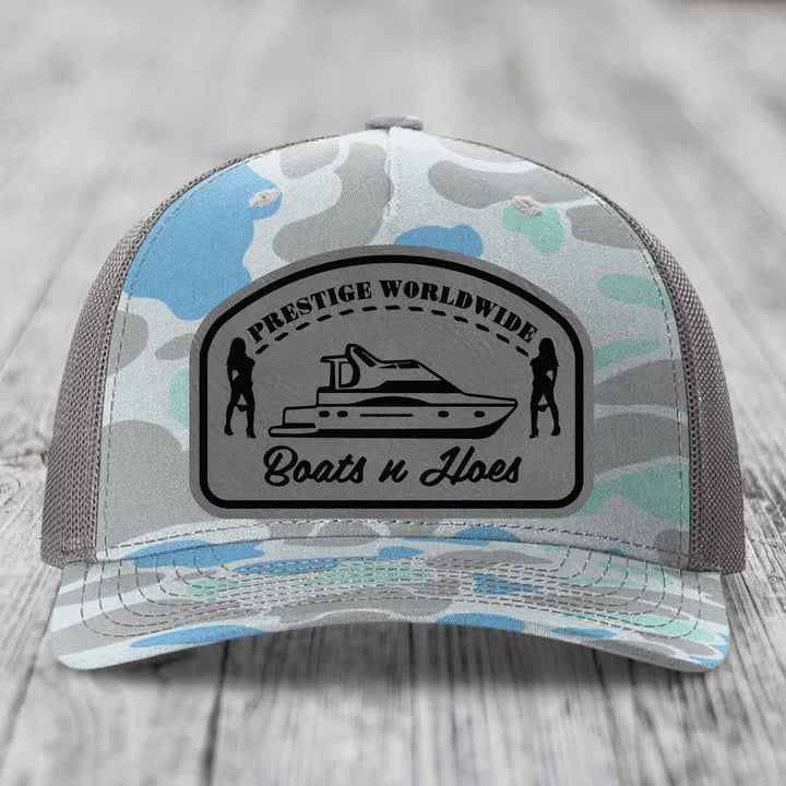 Prestige Worldwide, Boats and Hoes - Leather Patch Hat - Grey to Black Patch - Richardson 112PFP Snapback Trucker Hat