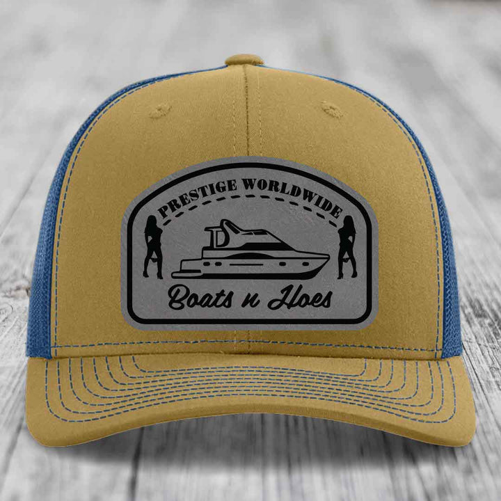 Prestige Worldwide, Boats and Hoes - Leather Patch Hat - Grey to Black Patch - Richardson 112 Snapback Trucker Hat