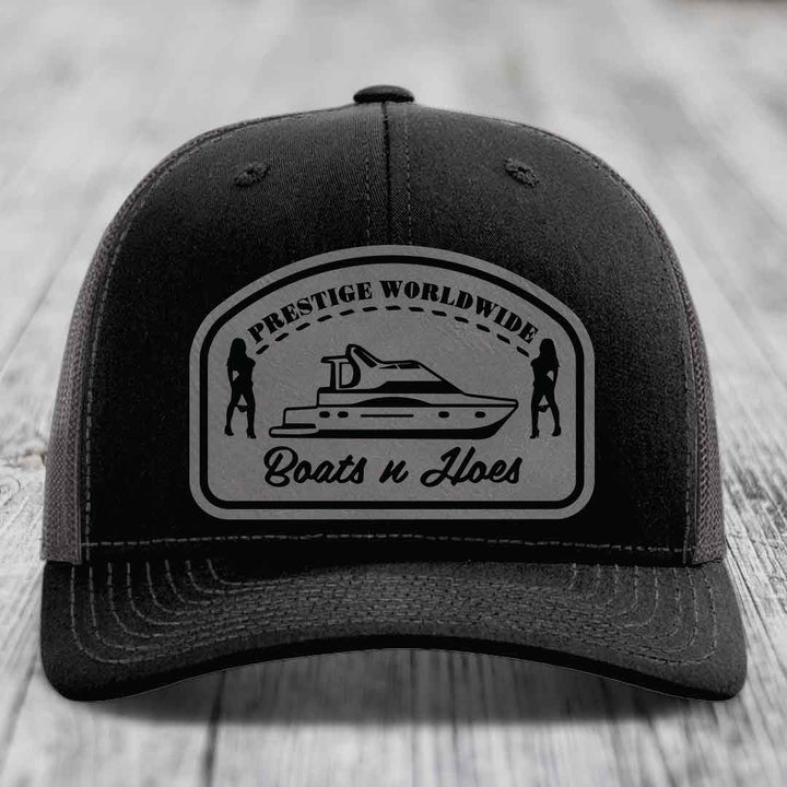 Prestige Worldwide, Boats and Hoes - Leather Patch Hat - Grey to Black Patch - Richardson 112 Snapback Trucker Hat