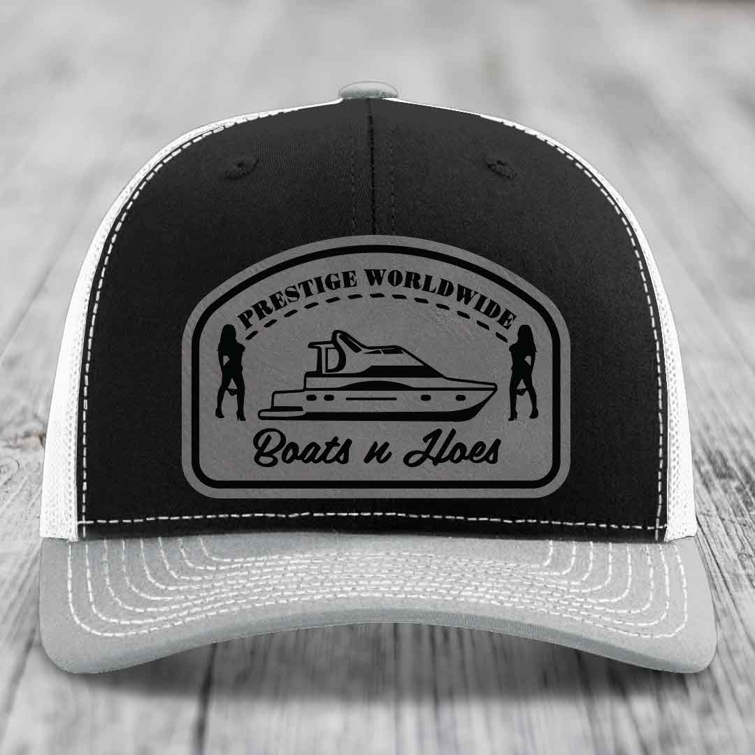 Prestige Worldwide, Boats and Hoes - Leather Patch Hat - Grey to Black Patch - Richardson 112 Snapback Trucker Hat