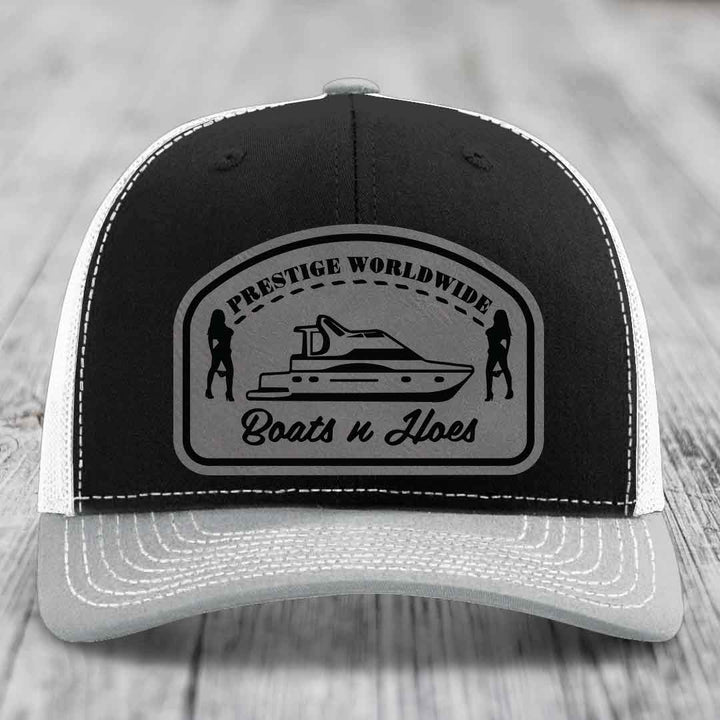 Prestige Worldwide, Boats and Hoes - Leather Patch Hat - Grey to Black Patch - Richardson 112 Snapback Trucker Hat