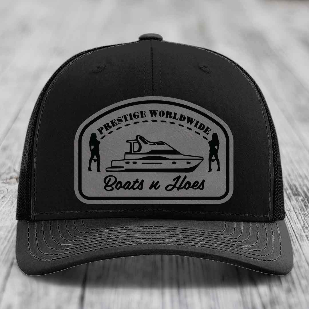 Prestige Worldwide, Boats and Hoes - Leather Patch Hat - Grey to Black Patch - Richardson 112 Snapback Trucker Hat