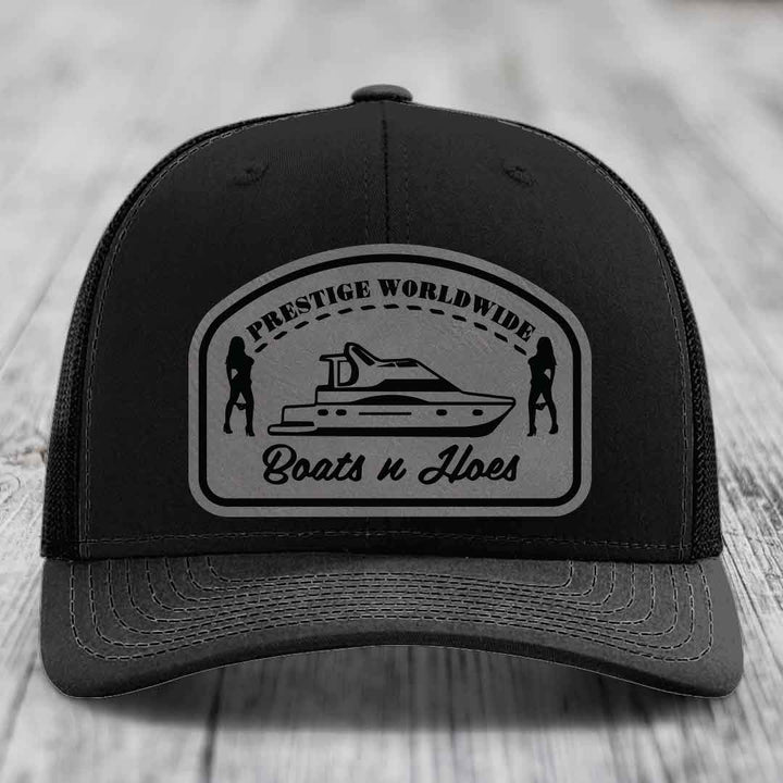 Prestige Worldwide, Boats and Hoes - Leather Patch Hat - Grey to Black Patch - Richardson 112 Snapback Trucker Hat