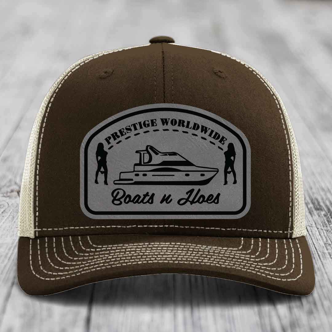 Prestige Worldwide, Boats and Hoes - Leather Patch Hat - Grey to Black Patch - Richardson 112 Snapback Trucker Hat