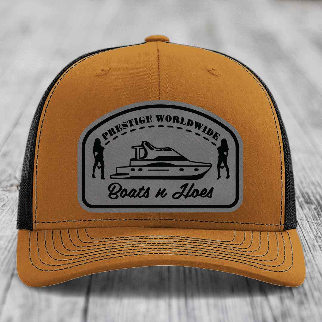 Prestige Worldwide, Boats and Hoes - Leather Patch Hat - Grey to Black Patch - Richardson 112 Snapback Trucker Hat