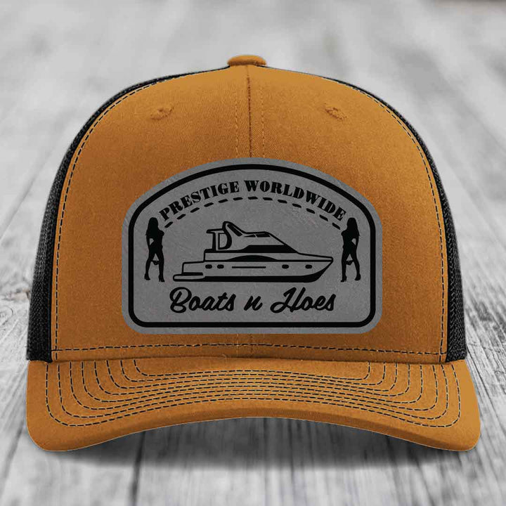 Prestige Worldwide, Boats and Hoes - Leather Patch Hat - Grey to Black Patch - Richardson 112 Snapback Trucker Hat