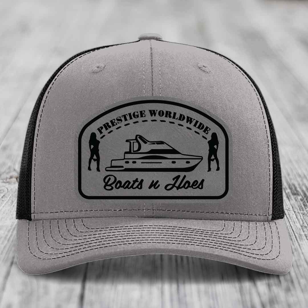 Prestige Worldwide, Boats and Hoes - Leather Patch Hat - Grey to Black Patch - Richardson 112 Snapback Trucker Hat