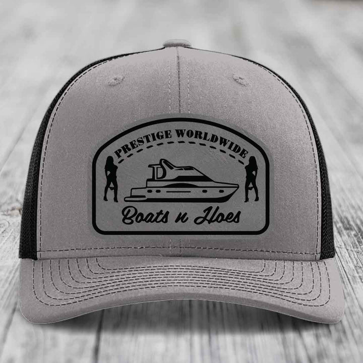 Prestige Worldwide, Boats and Hoes - Leather Patch Hat - Grey to Black Patch - Richardson 112 Snapback Trucker Hat