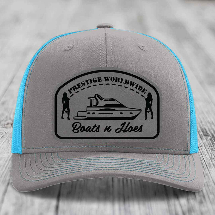 Prestige Worldwide, Boats and Hoes - Leather Patch Hat - Grey to Black Patch - Richardson 112 Snapback Trucker Hat