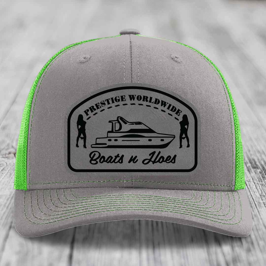 Prestige Worldwide, Boats and Hoes - Leather Patch Hat - Grey to Black Patch - Richardson 112 Snapback Trucker Hat
