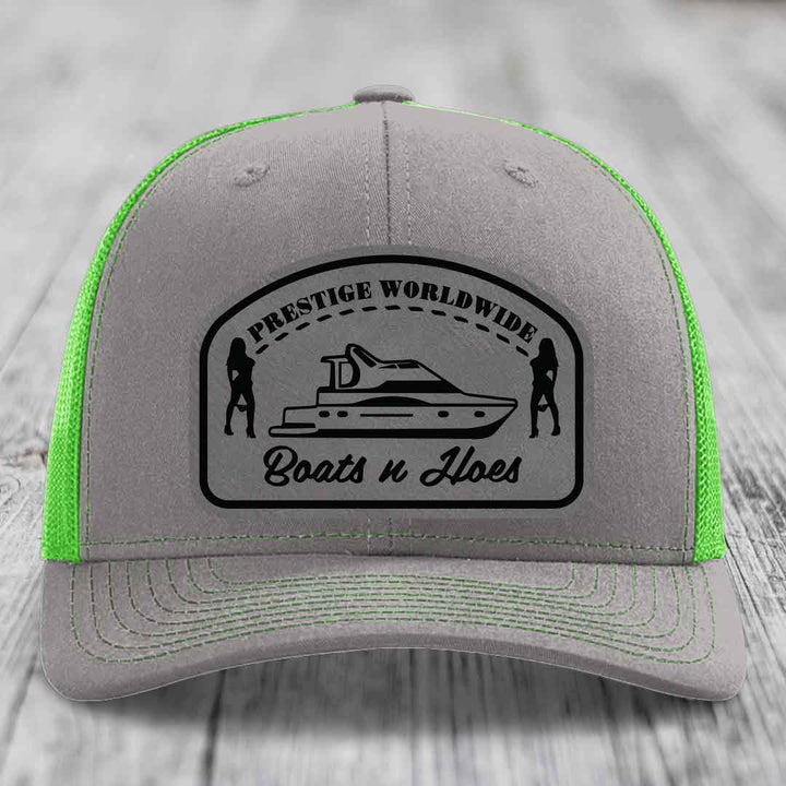 Prestige Worldwide, Boats and Hoes - Leather Patch Hat - Grey to Black Patch - Richardson 112 Snapback Trucker Hat