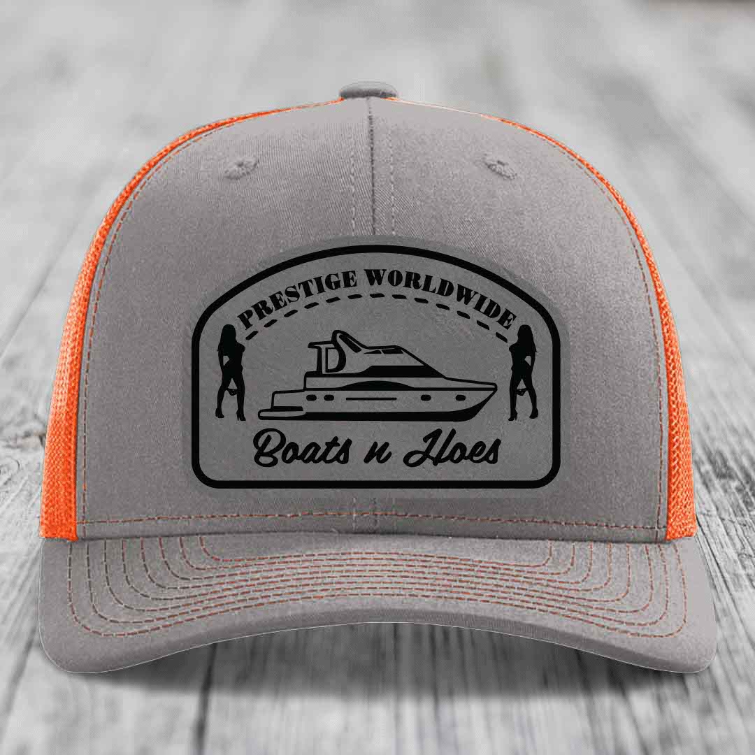 Prestige Worldwide, Boats and Hoes - Leather Patch Hat - Grey to Black Patch - Richardson 112 Snapback Trucker Hat