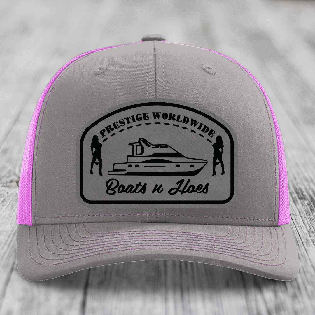 Prestige Worldwide, Boats and Hoes - Leather Patch Hat - Grey to Black Patch - Richardson 112 Snapback Trucker Hat