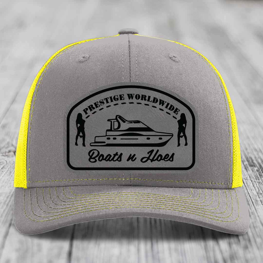 Prestige Worldwide, Boats and Hoes - Leather Patch Hat - Grey to Black Patch - Richardson 112 Snapback Trucker Hat