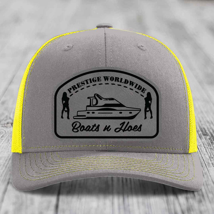Prestige Worldwide, Boats and Hoes - Leather Patch Hat - Grey to Black Patch - Richardson 112 Snapback Trucker Hat