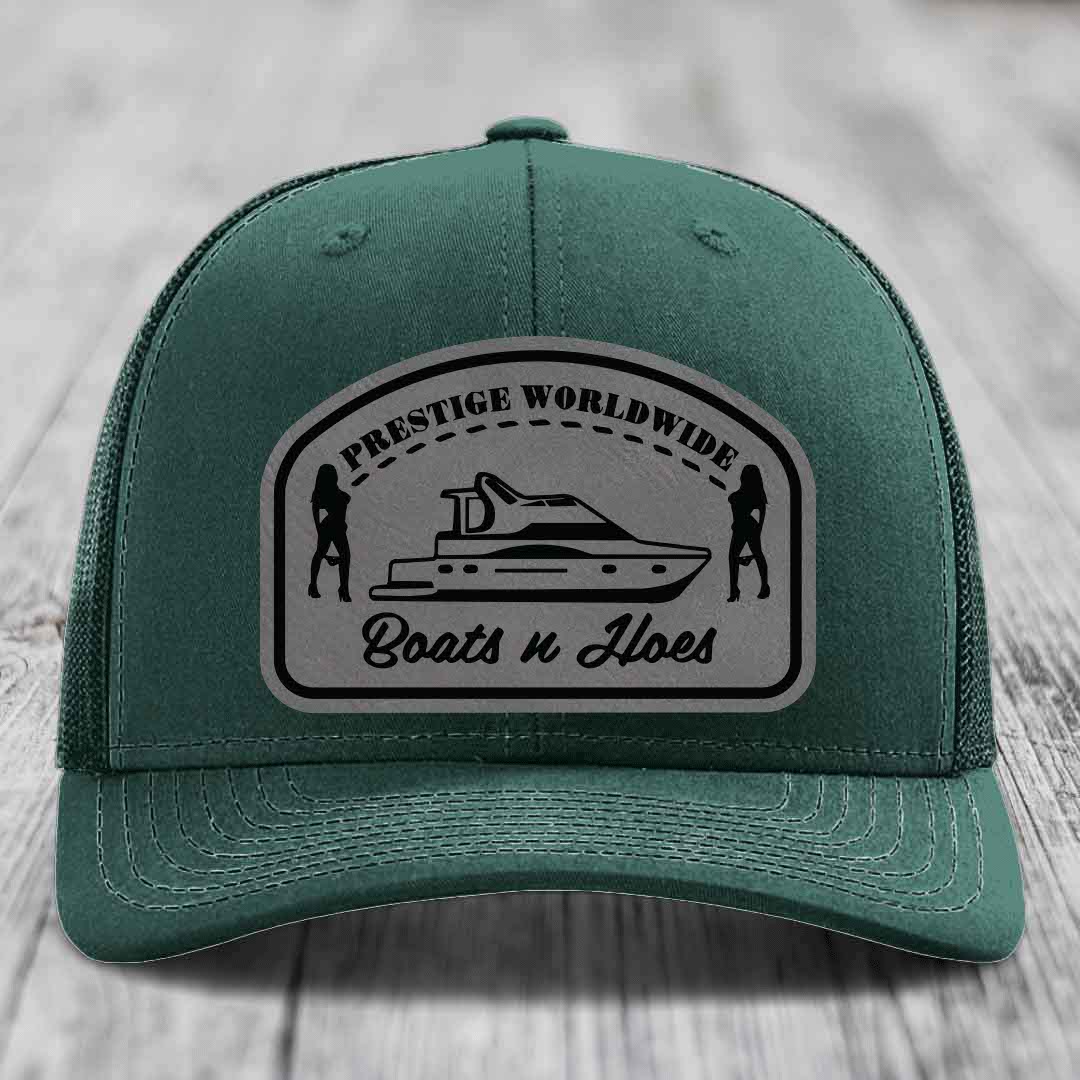 Prestige Worldwide, Boats and Hoes - Leather Patch Hat - Grey to Black Patch - Richardson 112 Snapback Trucker Hat