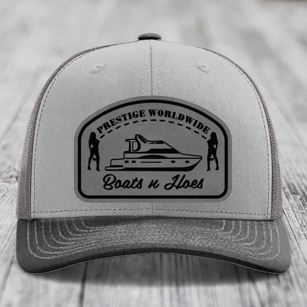 Prestige Worldwide, Boats and Hoes - Leather Patch Hat - Grey to Black Patch - Richardson 112 Snapback Trucker Hat