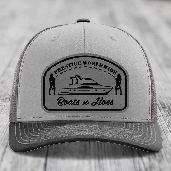 Prestige Worldwide, Boats and Hoes - Leather Patch Hat - Grey to Black Patch - Richardson 112 Snapback Trucker Hat