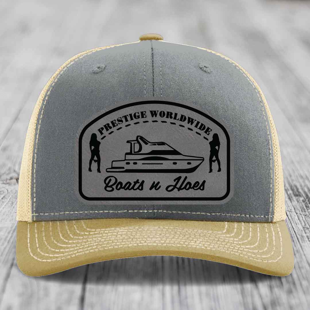 Prestige Worldwide, Boats and Hoes - Leather Patch Hat - Grey to Black Patch - Richardson 112 Snapback Trucker Hat