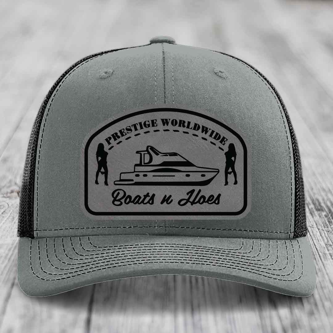 Prestige Worldwide, Boats and Hoes - Leather Patch Hat - Grey to Black Patch - Richardson 112 Snapback Trucker Hat