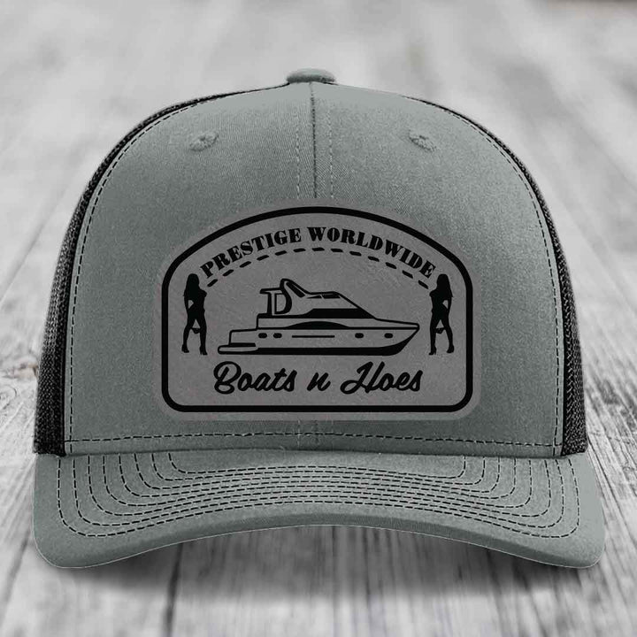 Prestige Worldwide, Boats and Hoes - Leather Patch Hat - Grey to Black Patch - Richardson 112 Snapback Trucker Hat