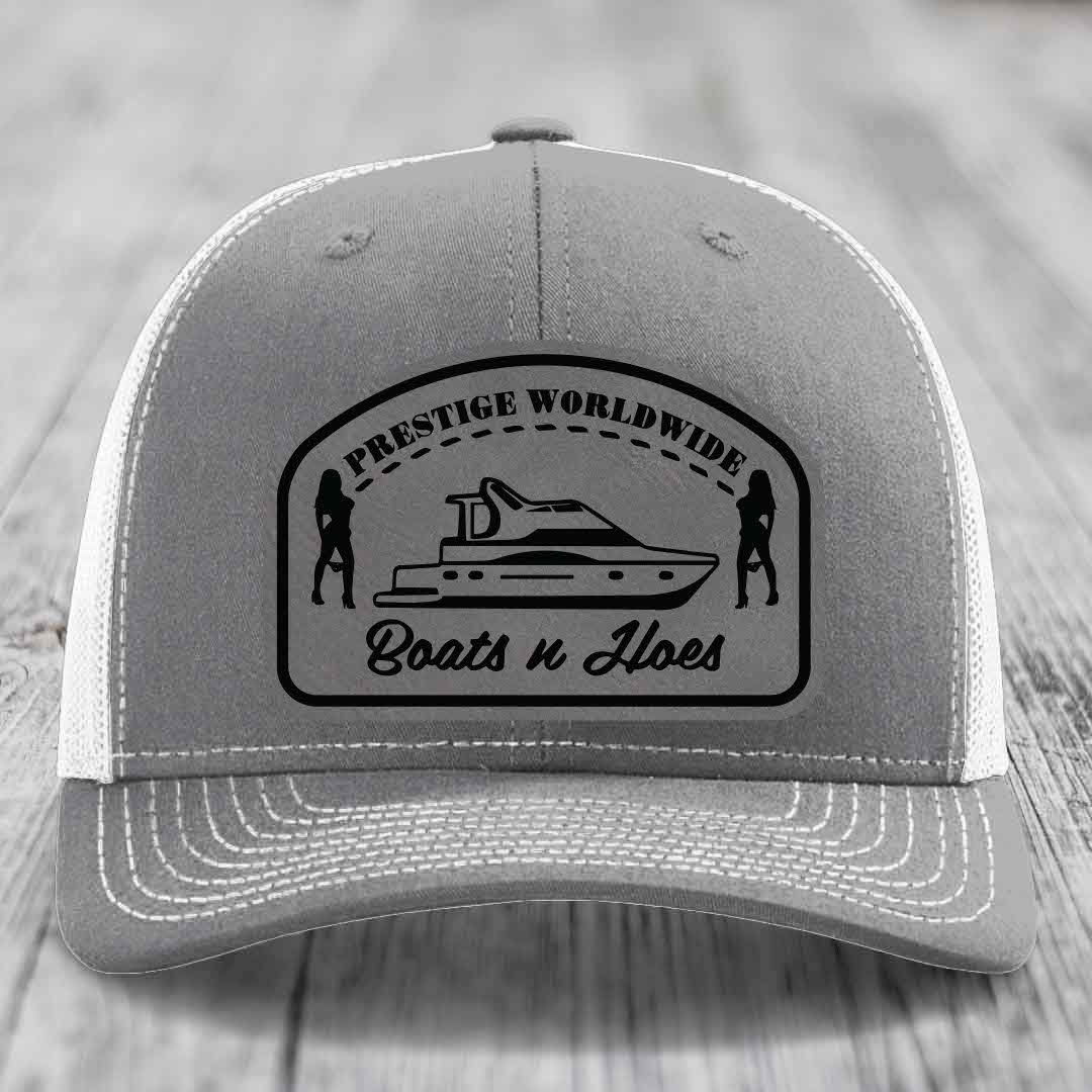 Prestige Worldwide, Boats and Hoes - Leather Patch Hat - Grey to Black Patch - Richardson 112 Snapback Trucker Hat