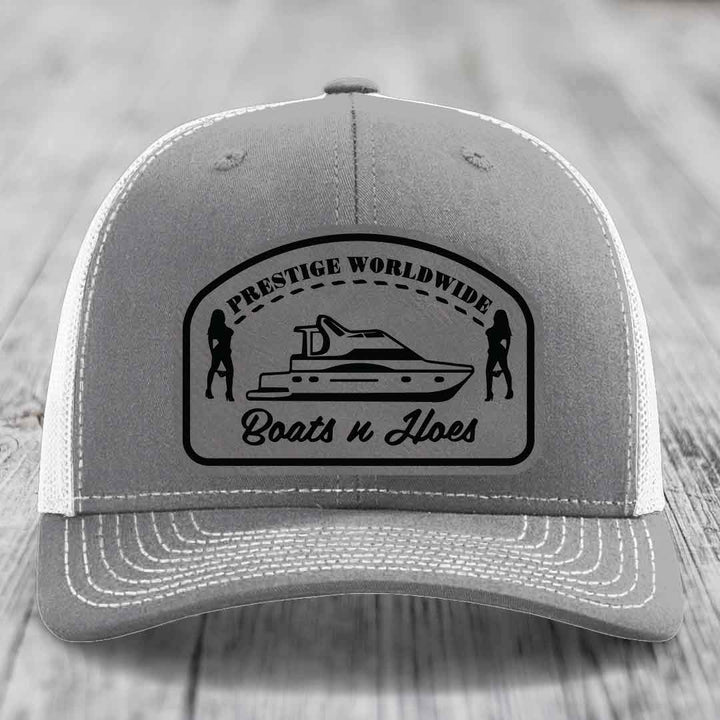 Prestige Worldwide, Boats and Hoes - Leather Patch Hat - Grey to Black Patch - Richardson 112 Snapback Trucker Hat