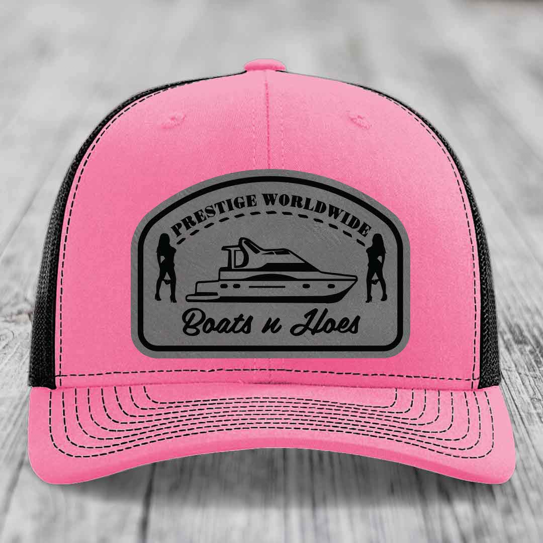 Prestige Worldwide, Boats and Hoes - Leather Patch Hat - Grey to Black Patch - Richardson 112 Snapback Trucker Hat