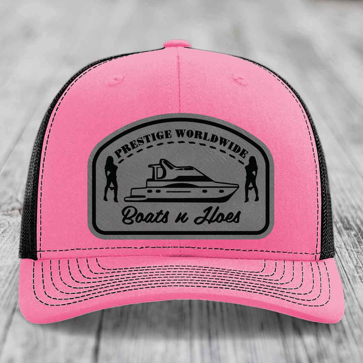 Prestige Worldwide, Boats and Hoes - Leather Patch Hat - Grey to Black Patch - Richardson 112 Snapback Trucker Hat