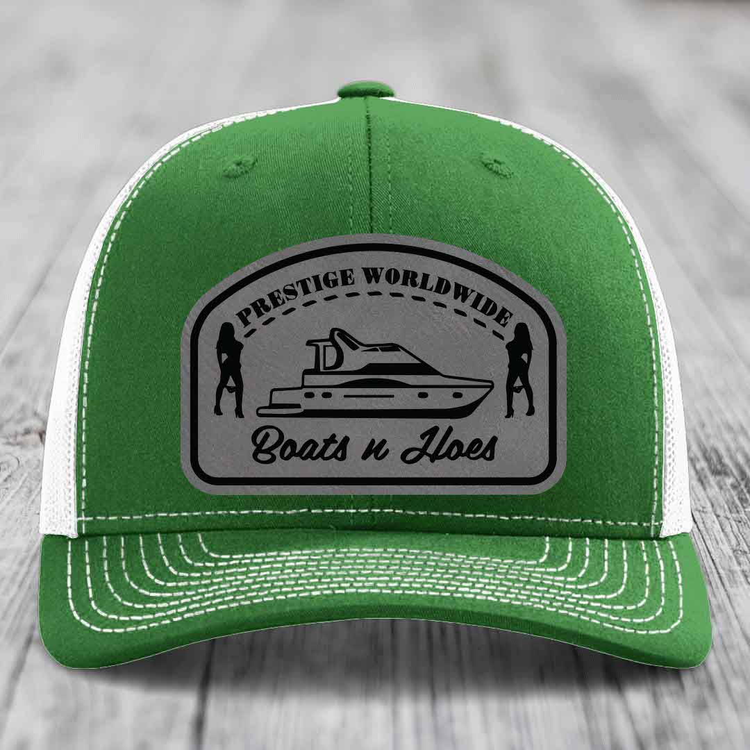 Prestige Worldwide, Boats and Hoes - Leather Patch Hat - Grey to Black Patch - Richardson 112 Snapback Trucker Hat