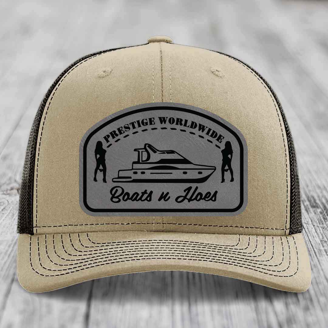 Prestige Worldwide, Boats and Hoes - Leather Patch Hat - Grey to Black Patch - Richardson 112 Snapback Trucker Hat