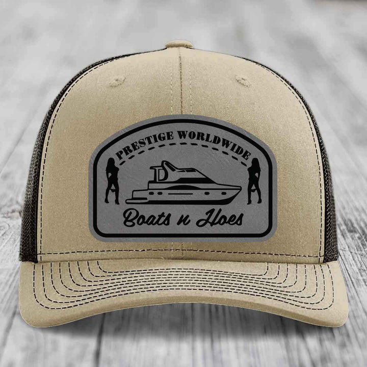 Prestige Worldwide, Boats and Hoes - Leather Patch Hat - Grey to Black Patch - Richardson 112 Snapback Trucker Hat