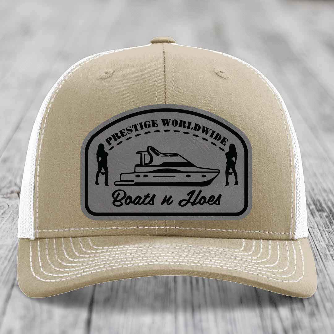 Prestige Worldwide, Boats and Hoes - Leather Patch Hat - Grey to Black Patch - Richardson 112 Snapback Trucker Hat