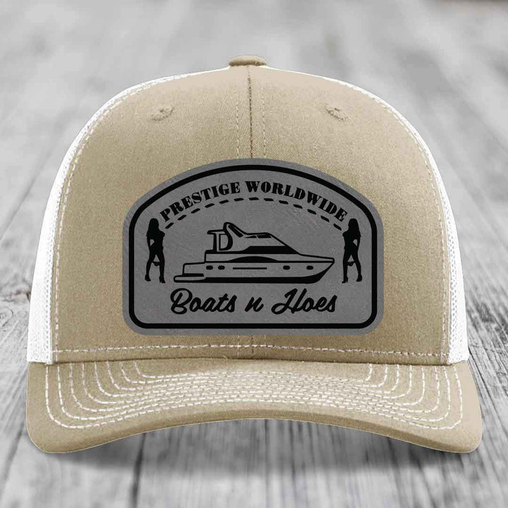 Prestige Worldwide, Boats and Hoes - Leather Patch Hat - Grey to Black Patch - Richardson 112 Snapback Trucker Hat