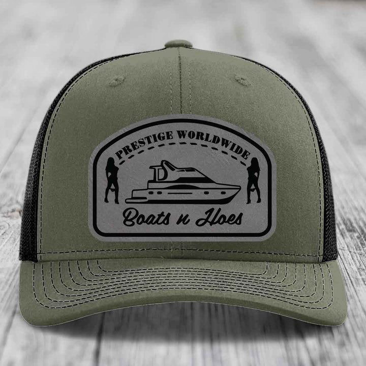 Prestige Worldwide, Boats and Hoes - Leather Patch Hat - Grey to Black Patch - Richardson 112 Snapback Trucker Hat