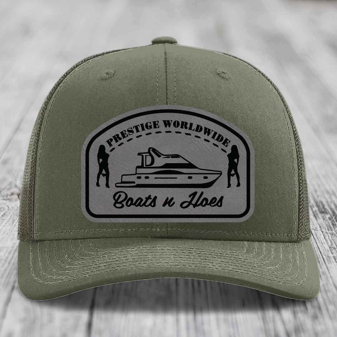 Prestige Worldwide, Boats and Hoes - Leather Patch Hat - Grey to Black Patch - Richardson 112 Snapback Trucker Hat
