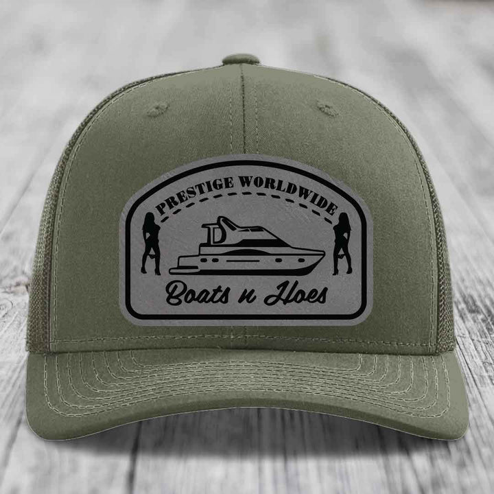 Prestige Worldwide, Boats and Hoes - Leather Patch Hat - Grey to Black Patch - Richardson 112 Snapback Trucker Hat