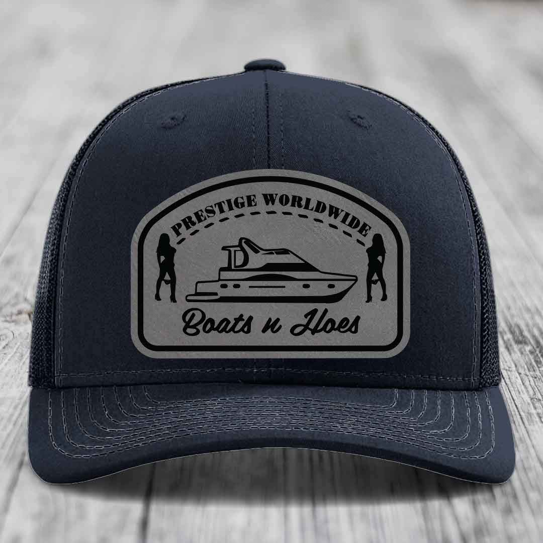 Prestige Worldwide, Boats and Hoes - Leather Patch Hat - Grey to Black Patch - Richardson 112 Snapback Trucker Hat