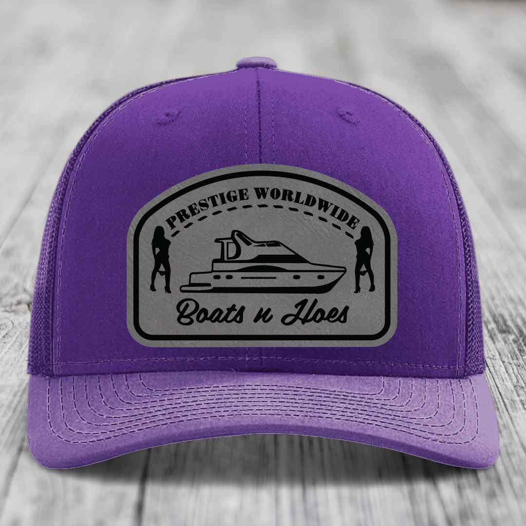 Prestige Worldwide, Boats and Hoes - Leather Patch Hat - Grey to Black Patch - Richardson 112 Snapback Trucker Hat