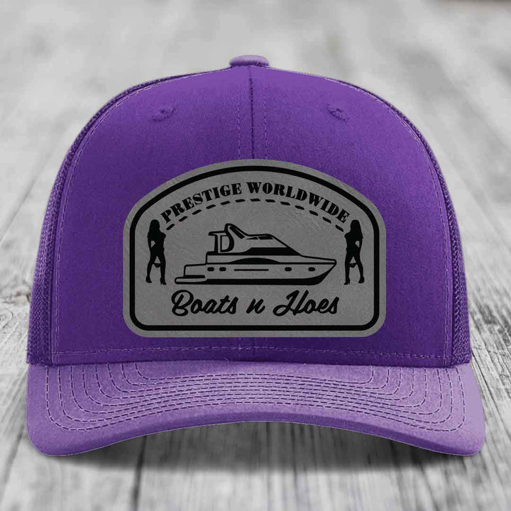 Prestige Worldwide, Boats and Hoes - Leather Patch Hat - Grey to Black Patch - Richardson 112 Snapback Trucker Hat