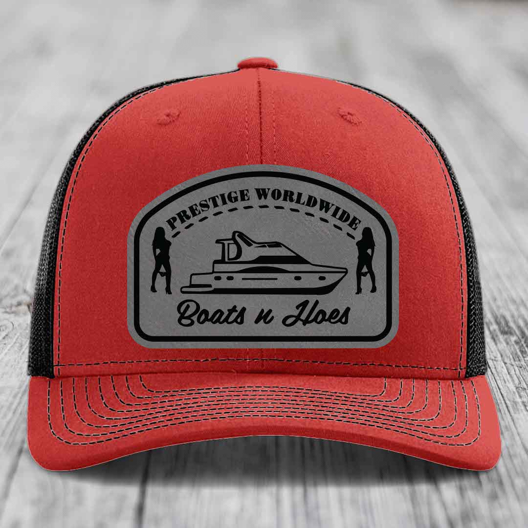 Prestige Worldwide, Boats and Hoes - Leather Patch Hat - Grey to Black Patch - Richardson 112 Snapback Trucker Hat