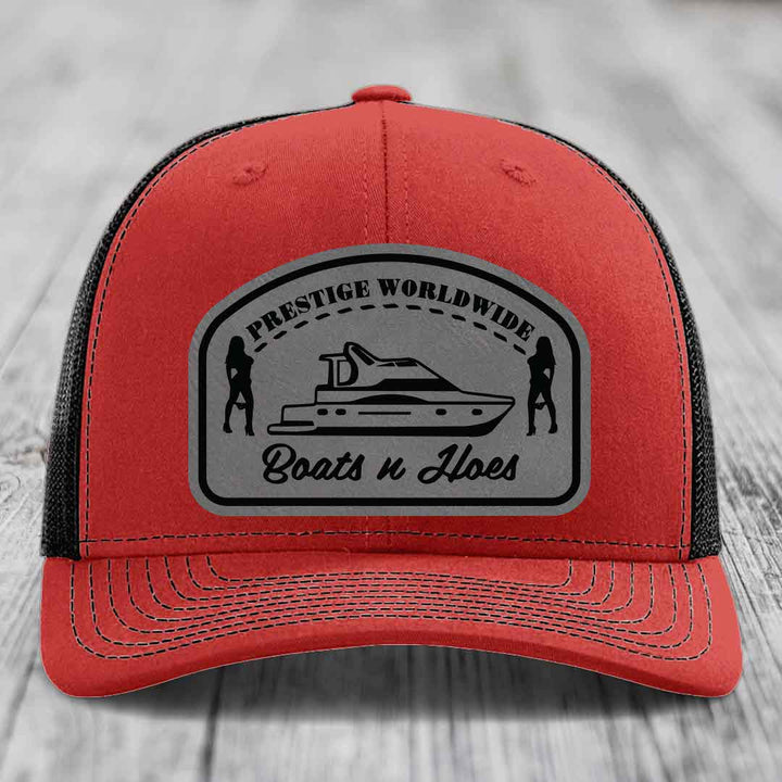 Prestige Worldwide, Boats and Hoes - Leather Patch Hat - Grey to Black Patch - Richardson 112 Snapback Trucker Hat
