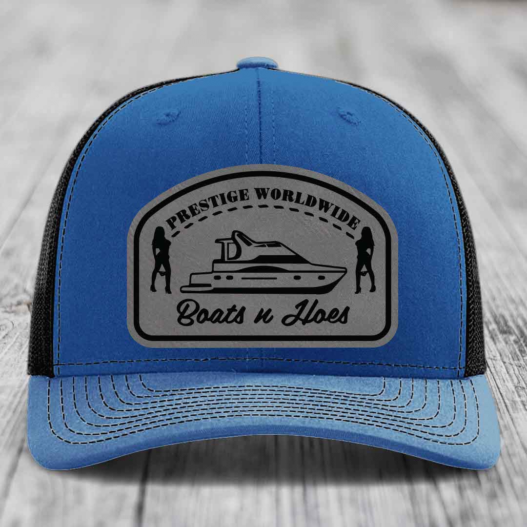 Prestige Worldwide, Boats and Hoes - Leather Patch Hat - Grey to Black Patch - Richardson 112 Snapback Trucker Hat