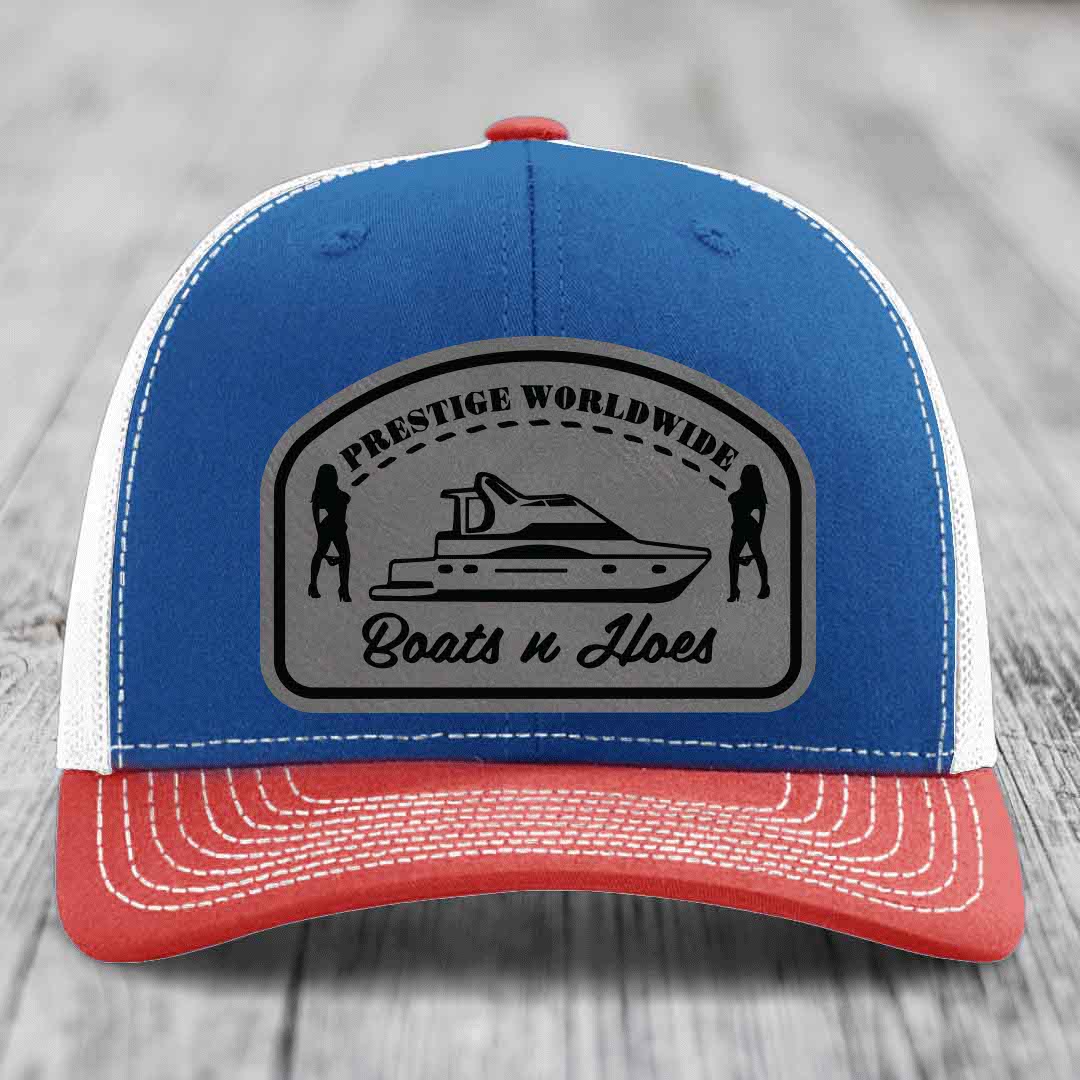 Prestige Worldwide, Boats and Hoes - Leather Patch Hat - Grey to Black Patch - Richardson 112 Snapback Trucker Hat
