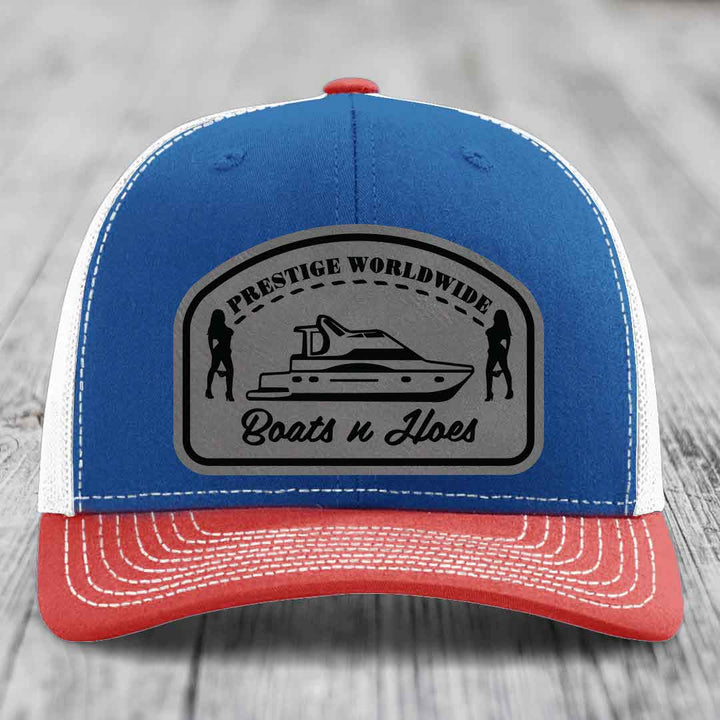 Prestige Worldwide, Boats and Hoes - Leather Patch Hat - Grey to Black Patch - Richardson 112 Snapback Trucker Hat