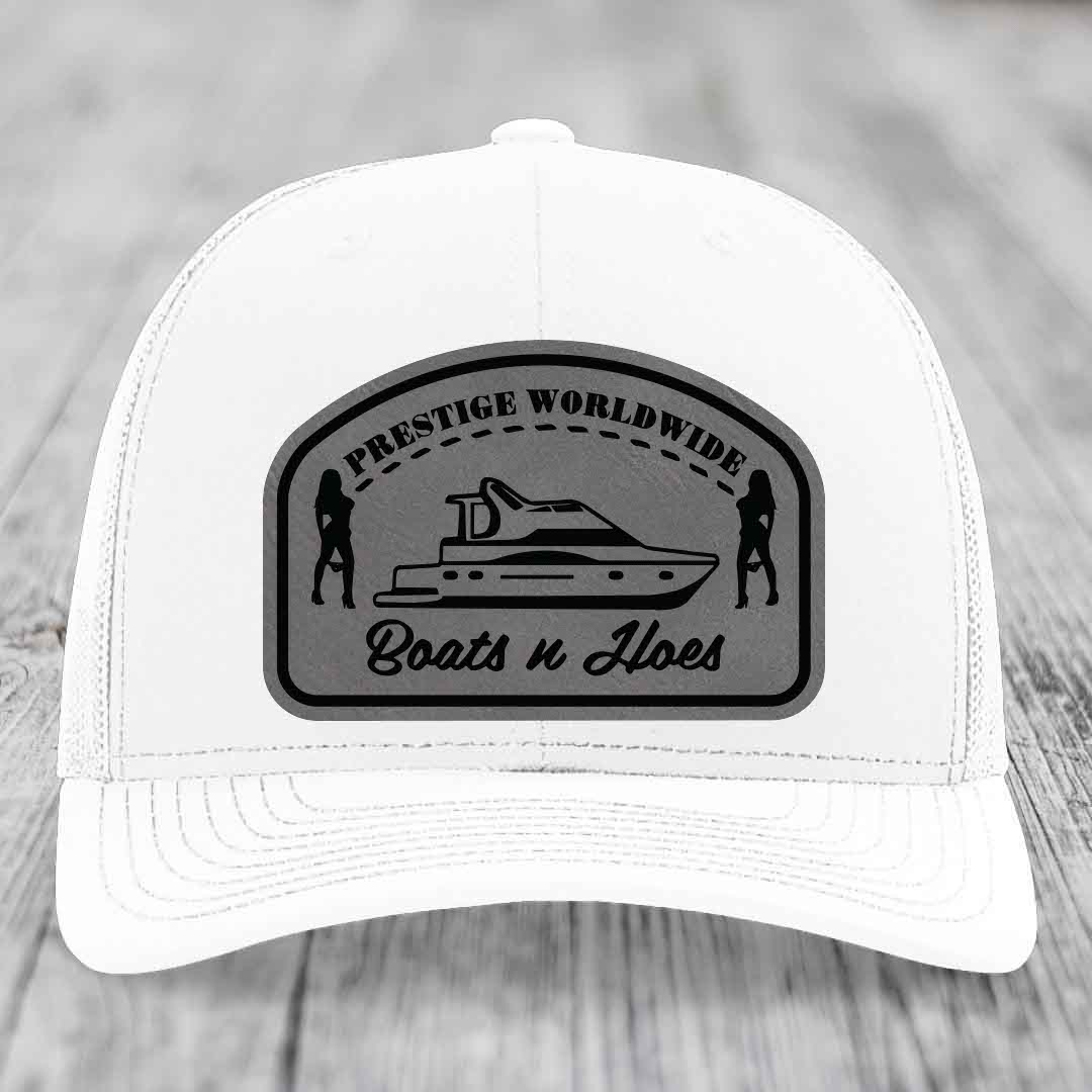 Prestige Worldwide, Boats and Hoes - Leather Patch Hat - Grey to Black Patch - Richardson 112 Snapback Trucker Hat